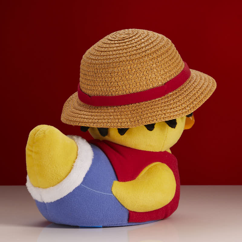 One Piece Monkey D. Luffy TUBBZ plush duck, rear three-quarter view with red hat band