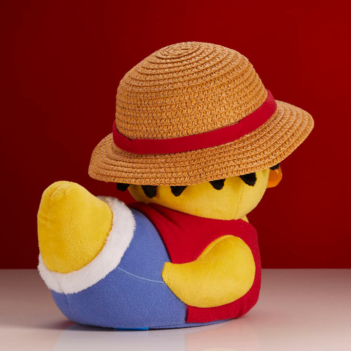 One Piece Monkey D. Luffy TUBBZ plush duck, rear three-quarter view with red hat band