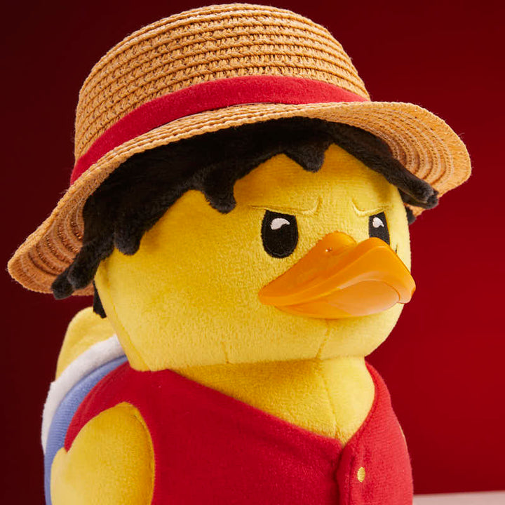 One Piece Monkey D. Luffy TUBBZ plush duck, close-up of the straw hat stitching and face