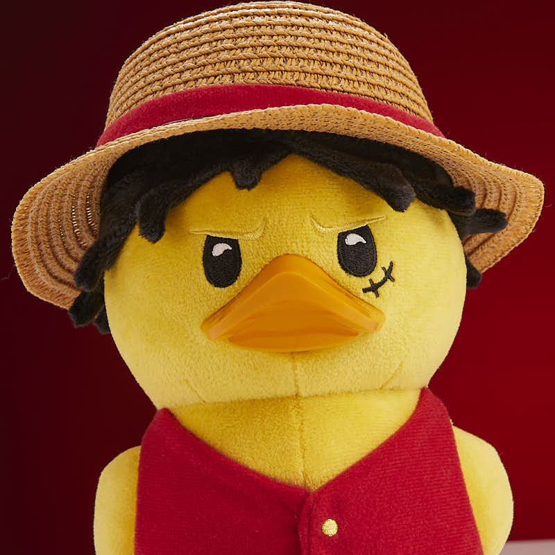 One Piece Monkey D. Luffy TUBBZ plush duck, close-up of the face and woven straw hat