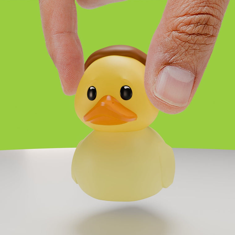Rick & Morty Morty Smith TUBBZ Mini Edition collectible duck, held between finger and thumb to show its size