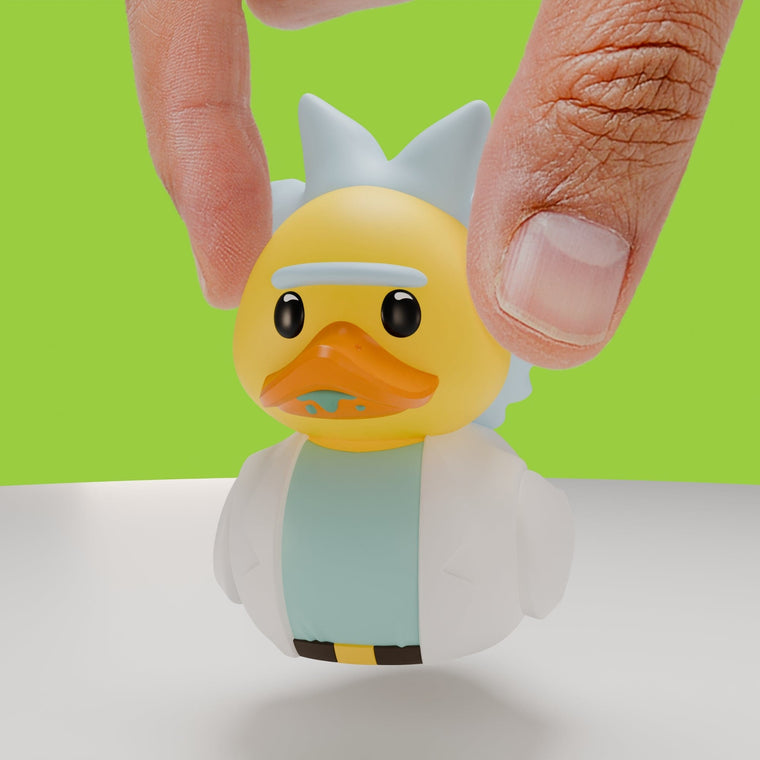 Rick & Morty Rick Sanchez TUBBZ Mini Edition collectible duck, held between finger and thumb to show its size