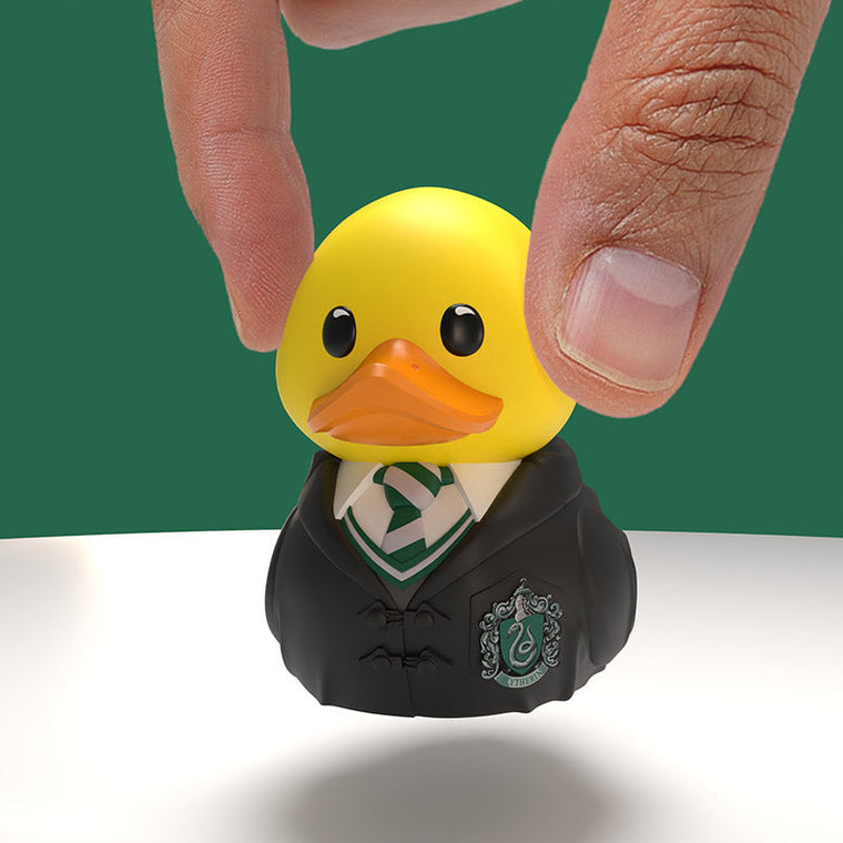 Harry Potter Slytherin TUBBZ Mini Edition collectible duck, held between finger and thumb to show its size