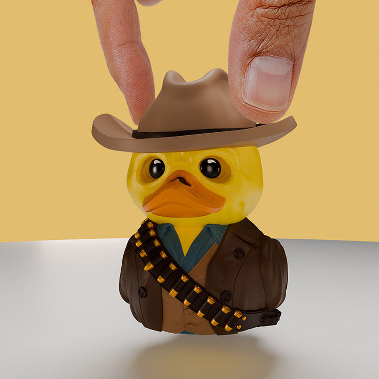 Fallout TV The Ghoul TUBBZ Mini Edition collectible duck, held between finger and thumb to show its size