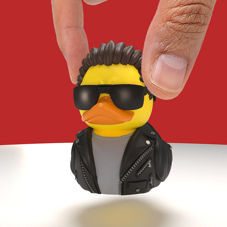 Terminator TUBBZ Mini Edition collectible duck, held between finger and thumb to show its size