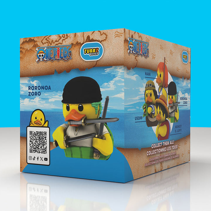 One Piece Roronoa Zoro Boxed Edition TUBBZ, back of the retail display box