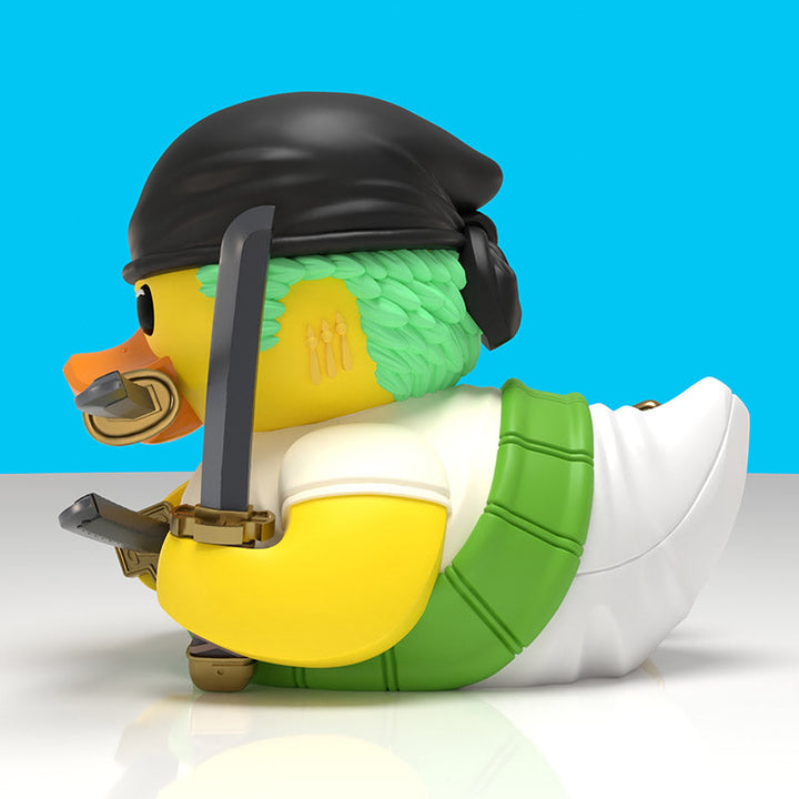 One Piece Roronoa Zoro Boxed Edition TUBBZ, side profile with green haramaki and katana sheaths